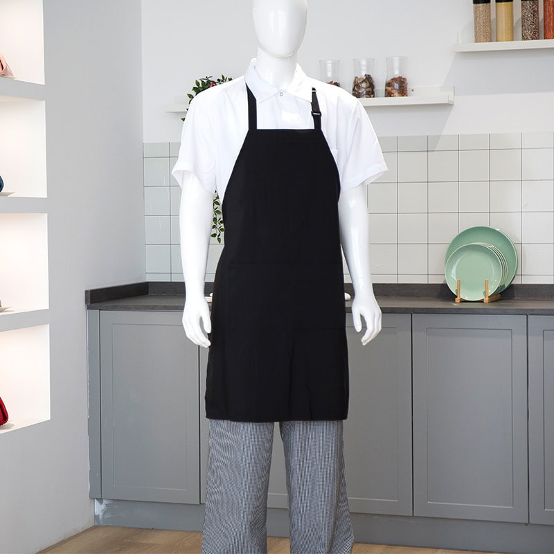33x27 ''주머니와 조절 가능한 버튼이있는 단색 폴리 에스테르 원실 목 앞치마