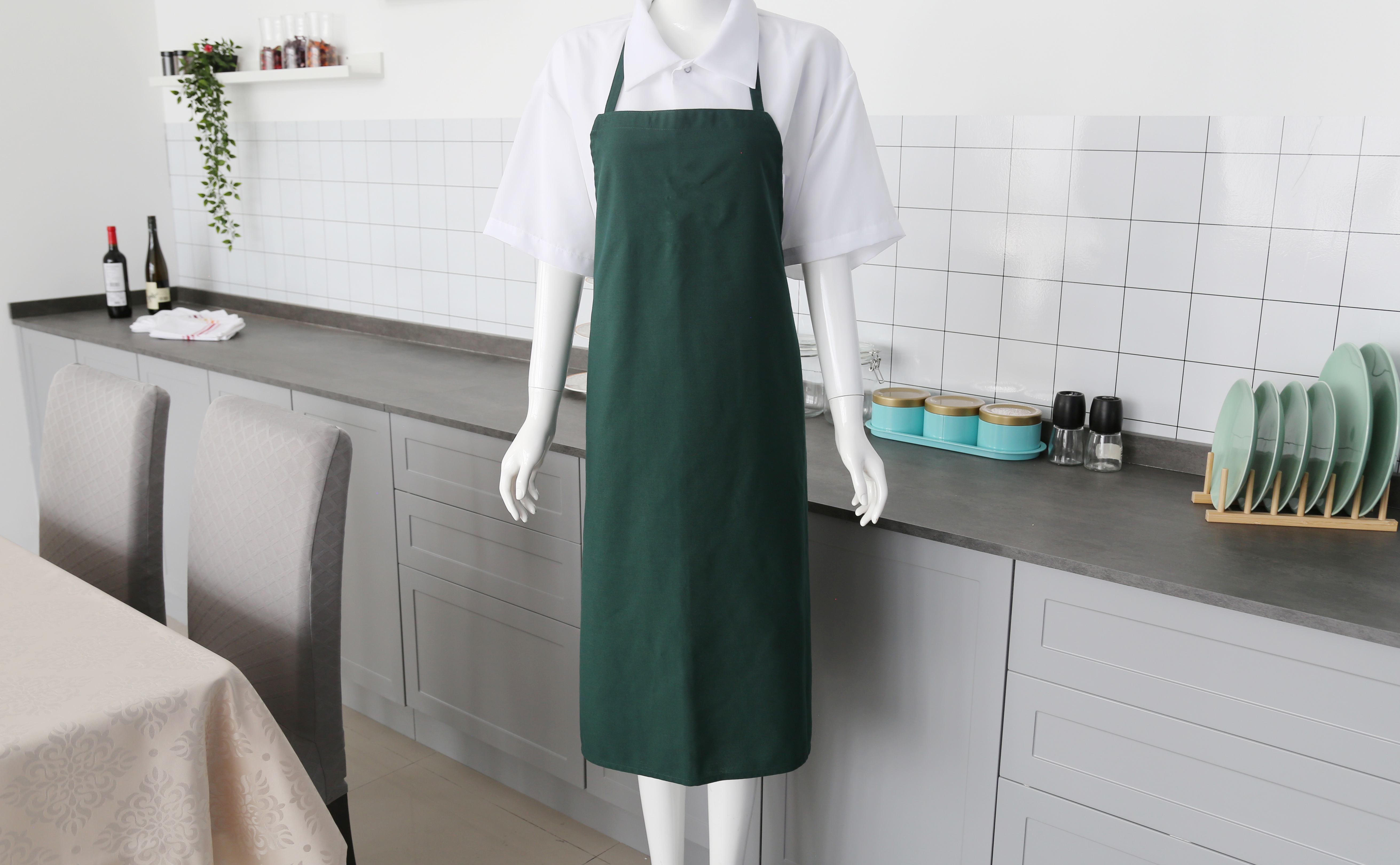 주머니가없는 숲 녹색 폴리 에스테르 턱받이 앞치마